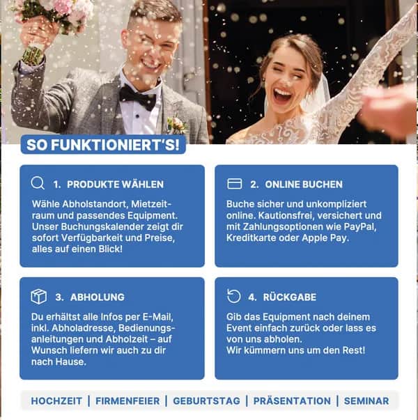 Eventtechnik für Junggesellenabschied mieten: Mit Renty jede Location spontan zur Partyzone machen.