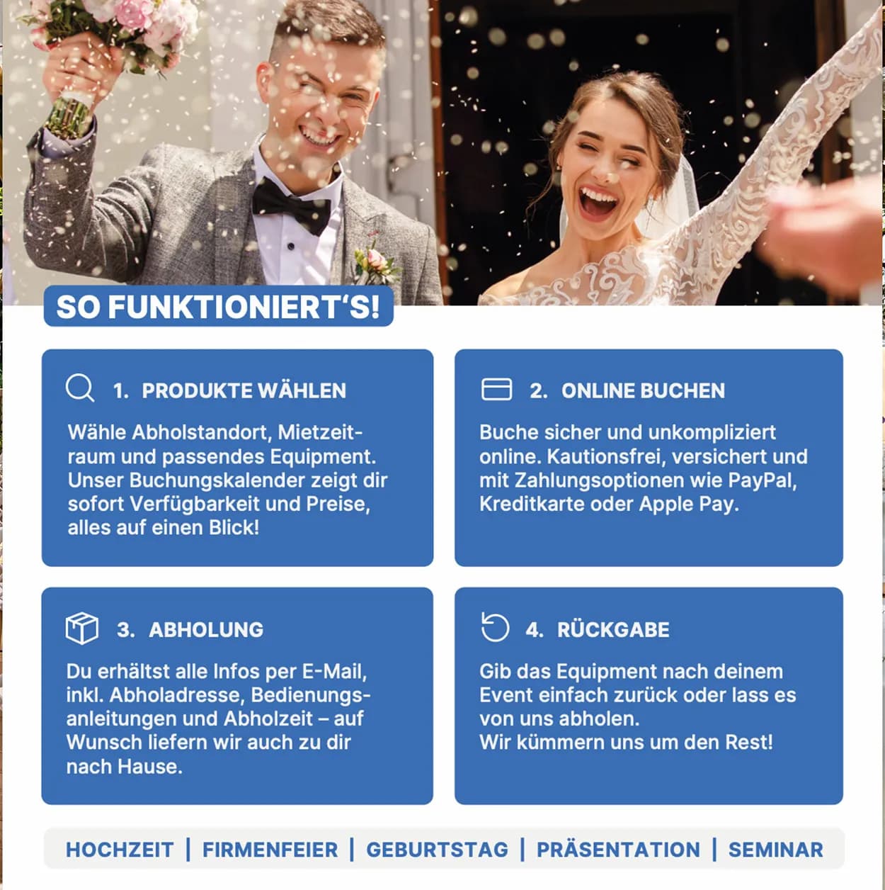 Eventtechnik für Junggesellenabschied mieten: Mit Renty jede Location spontan zur Partyzone machen.