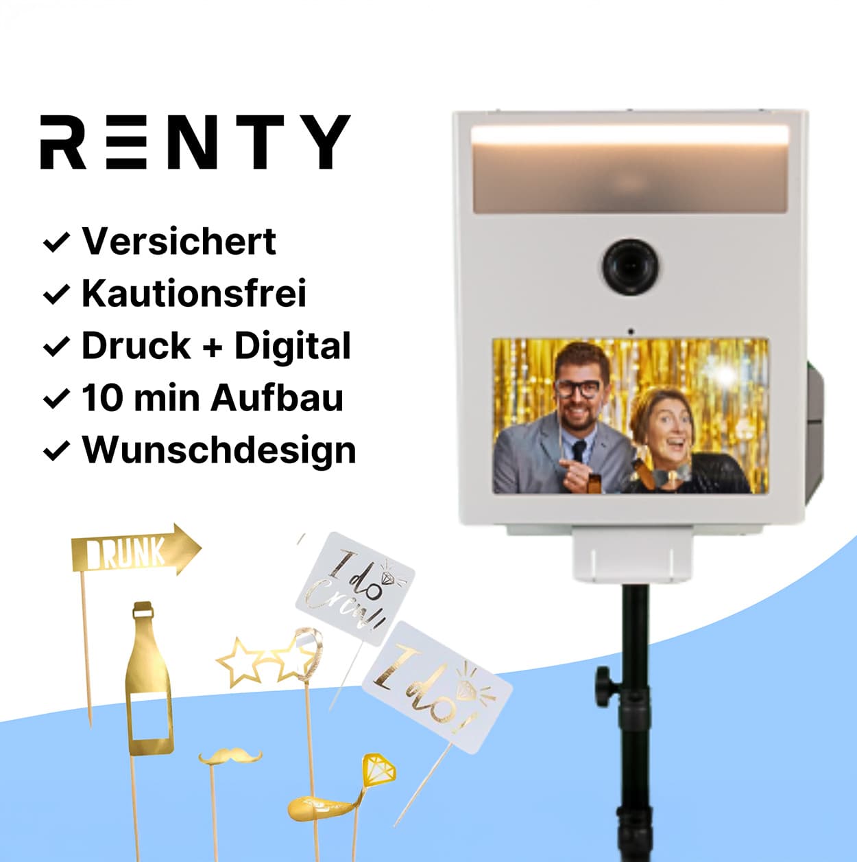 Fotobox in Köln für Hochzeiten mieten: Interaktive Erinnerungen mit Sofortdruck, einfacher Bedienung und digitaler Buchung bei Renty.